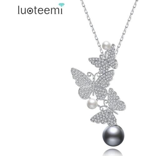 LUOTEEMI Butterfly Pendant Necklace for Women Imitation Pearl CZ Stone Animals Fashion Jewelry Charm Accessories Wedding Gifts