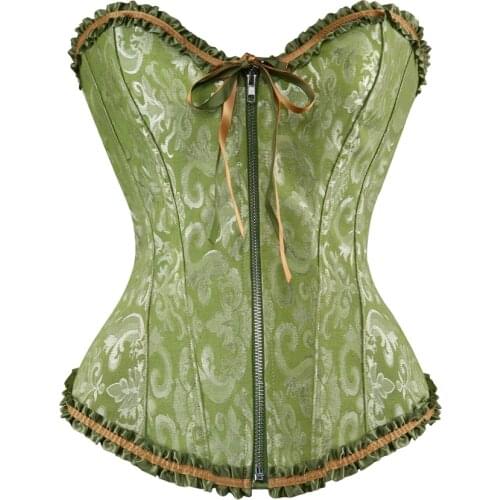Sexy Brocade Lace Up Bustier Top Overbust Corset Zip Waist Trainer Floral Corset Corselet Female Slimming Clothing Plus Size