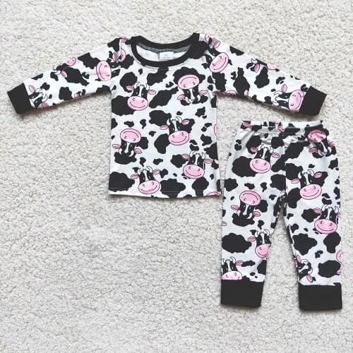 Casual Kids LongSleeve Pajamas Set Boy And Girls Milk Cow Pattern Outfit Spring Autumn Cotton Clothes