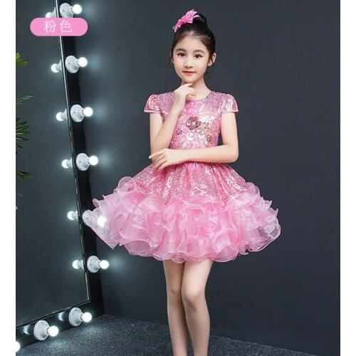 Cheap Party Clothing Design Sequined Little Girl Prom Kids Girls Pink Flower Dress Tulle Wedding Ceremony Children Dresses Pink