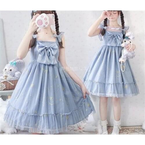 Gray Blue Princess Sweet Lolita Bowknot Dress Kawaii Girl Gothic Lolita Jsk Loli Cosplay D388