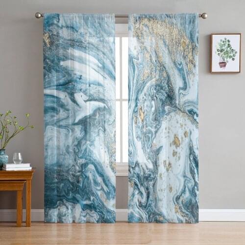 Marble Texture Blue Tulle Sheer Window Curtains for Living Room Kitchen Children Bedroom Voile Hanging Curtain