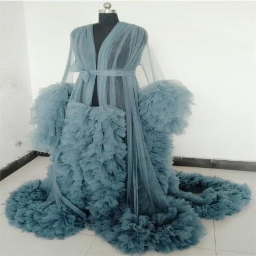 Real Image Women Night Gown Pajama Dark Red Bathrobe Bride Sleepwear Ruffles Soft Tulle Robes Custom Made Pregnant Dress