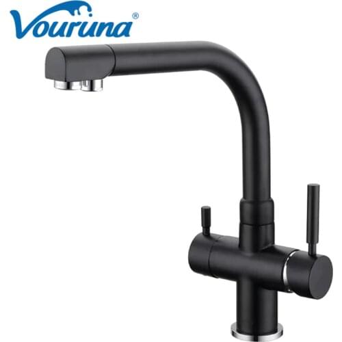VOURUNA Matte Black Osmosis Reverse 3 Way Water Filter Tap Painted Tri Flow Clean Pure Water Kitchen Faucet Sink Mixer Chrome
