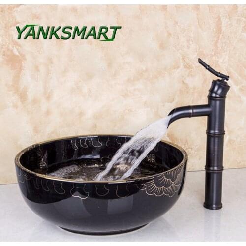 YANKSMART Bamboo Design Faucet + Ceramic Lavatory Round Bathroom Sink Counter Top Washbasin Mixer Water Tap With Pop-up Drain