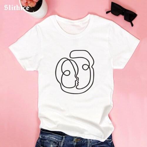Fashion Kiss Face abstract Aesthetic Women T-shirts short sleeve shirt Art Graphic t-shirt lady Black White top ropa mujer