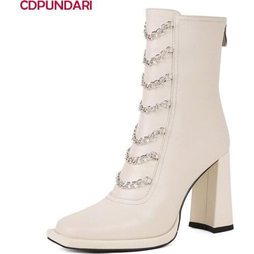 Ladies White Genuine Leather High Heels Small Platform Ankle Boots Women Autumn Winter Punk Modern Short Boots Party Shoes