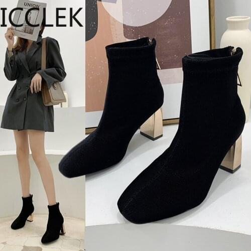 2020 Womens ankle boot Winter Rider boot fashion high heels ankle shoes square toe back zipper warm fur ethnic Botas