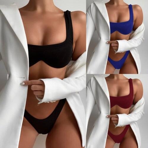 Womens Wide Straps Padded Bandeau Bikini Set Solid Biquini Swimwear Swimming Suit