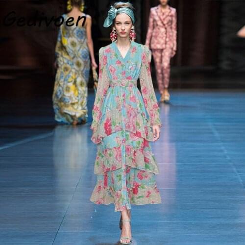 Gedivoen 2021 New Womens Autumn Runway V-Neck Single Breasted Dress Butterfly Sleeve Floral Print Spliced Ruffle Dresses