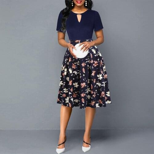 OTEN Womens Elegant Keyhole Cutout Short Sleeve Vintage Floral Flared A-Line Swing Casual Party Swing Dresses with Pockets