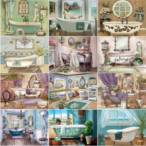 AZQSD Diamond Painting Bathroom Cross Stitch Kit Home Decor Diamond Embroidery Landscape Mosaic Full Square Drill Handmade Craft