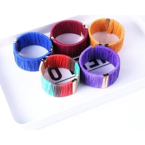 Japan South Korea New Fashion Lafite Grass Bracelets For Women Color Red Orange Blue Purple Personality Elastic Open Bracelet