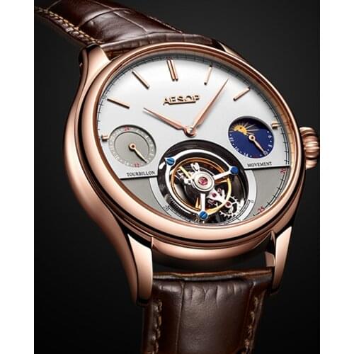 Aesop Real Tourbillon Skeleton Movement Watch For Men Luxury Sapphire Fashion Casual Tourbillon Mechanical Moonpahse Mens Watch