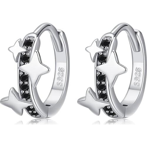 Black Awn Classic 925 Sterling Silver Round Black Trendy Spinel Engagement Hoop Earrings for Women Fine Jewelry Bijoux I128