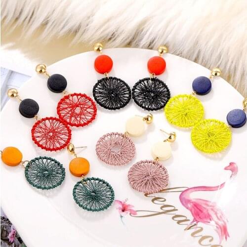 EN 2020 Trend Korea Handmade Round Pendant Drop Earrings For Women Wooden Weave Rattan Vine Braid Long Dangle Earring