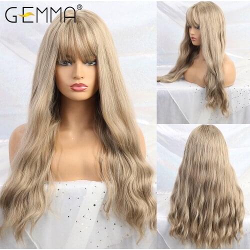 GEMMA Long Water Wave Synthetic Hair Wigs for Women Girl Light Brown Cosplay Daily Party Wigs with Bangs High Temperature Fiber