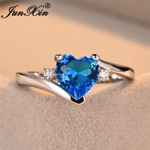 JUNXIN Blue Birthstone Heart Rings For Women White Gold Filled Purple Pink Black Zircon White Fire Opal Engagement Ring Female