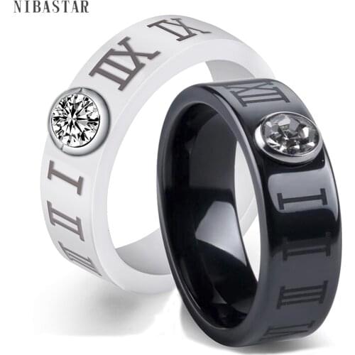 Hot Selling Ceramic Roman Numbers Jewelry Rings For Women Stainless steel Wedding Band Round Black Finger Ring Engrave Available