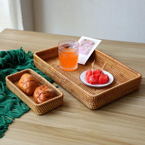 Fruit Basket Plant Basket Kitchen Organizer Wicker Rattan Picnic Basket Bread Food Breakfast Storage Tray Hand-Woven Rattan Tray