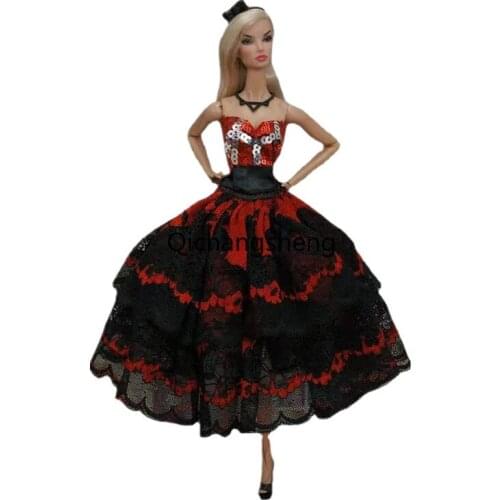 Cosplay 11.5" Red Black Sequin Lace Dress For Barbie Doll Clothes Off Shoulder Outfits Princess Gown Vestido 1/6 BJD Accessories