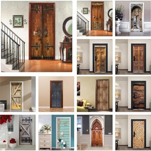 Creative 3D Door Sticker Home Decor Design Retro Wood Wallpaper Sticker For Door Self Adhesive Removable Mural For Sleeping Room