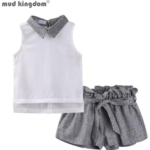 Mudkingdom Girls Outfits Sleeveless Chiffon Turn-down Collar Tops Fashion Shorts Sets Summer