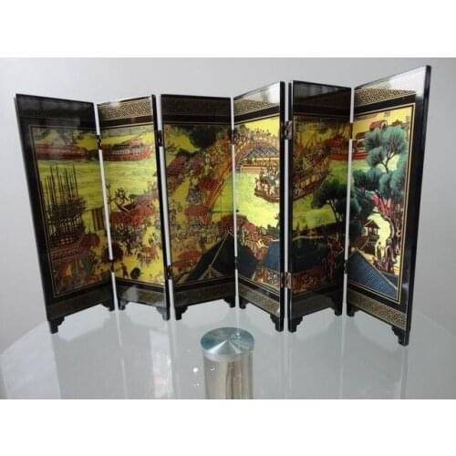 Mini ) Exquisite Chinese Classical 6-pieces Folding Screen Painted with Qingming Festival Painting