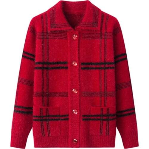 New Middle-aged Womens Sweater Cardigan Plaid Lapel Jacket Autumn Winter Plus Size Sweater Single-breasted Sweater Outerwear 4XL