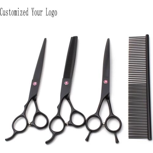 Left-Hand 7" Stainless Engrave Logo Black Dog Grooming Shears Straight Scissors Thinning Shears Curved Shears Pet Scissors C3006