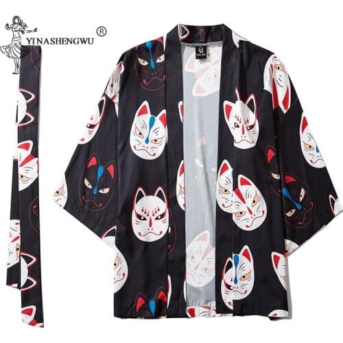 Japanese Personality Style Clothes Summer Clothing Printed Kimono Cardigan Japanese Trend Kimono Boys Women Black Male Polyester