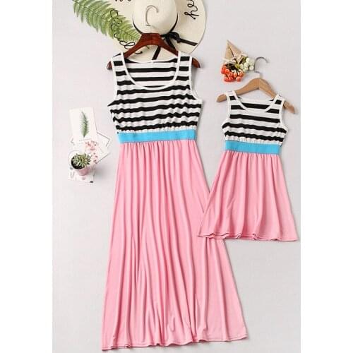 Summer Family Clothing Matching Mom and Daughter Dress Sleeveless Striped Patchwork Mother and Daughter Clothes Women Girl Dress