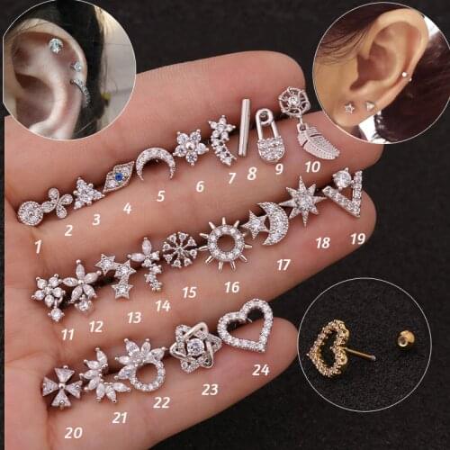 Hot 1piece New Moon Flower CZ ear piercing jewelry steel barbell daith earrings helix cartilage studs Piercing