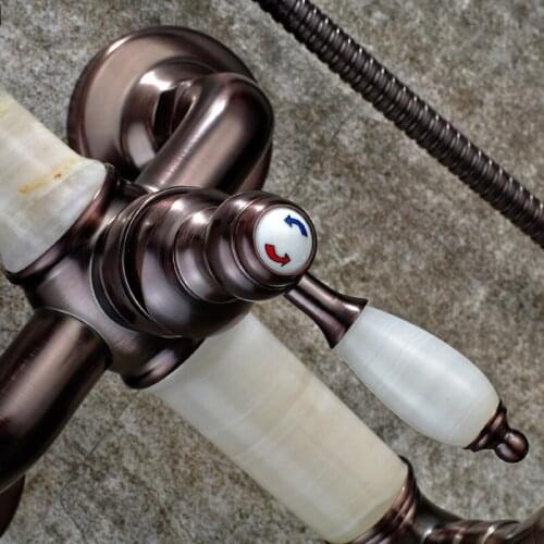 Shower Faucets Brass Luxury Jade Wall Bath Faucet Set Round Rainfall Shower Head Hand Spray Slide Bar Tub Mixer Tap SM