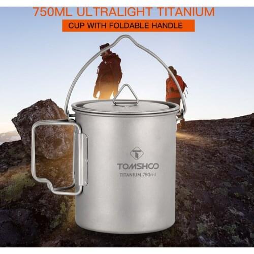 TOMSHOO 750ml Titanium Pot Titanium Water Mug Cup Outdoor Camping Pot Cookware Pots Picnic Hang Pot with Lid and Foldable Handle