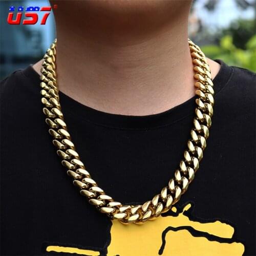 US7 6mm-18mm Stainless Steel Miami Cuban in Gold Color Necklace Classical Cuban Link Choker Chain Mens Hip Hop Jewelry