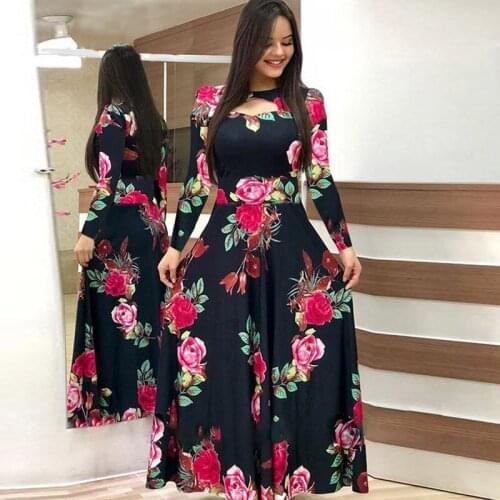 Spring Autumn Elegant Womens Dress Casual Bohmia Flower Print Maxi Robe Fashion Hollow Out Dress Vestidos Plus Size