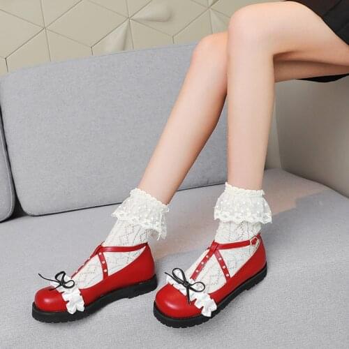 YQBTDL Summer 2020 Bride Party White Flat Shoes Studded Large Ruffles Design Princess Cosplay Lolita Shoes Red Mary Jane Flats