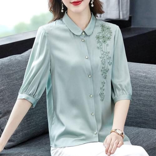 High-End Temperament Women Shirts Summer Satin Polo-Neck Half Sleeve Ladies Elegant Blouses Embroidery Loose Tops Blusas MM0977