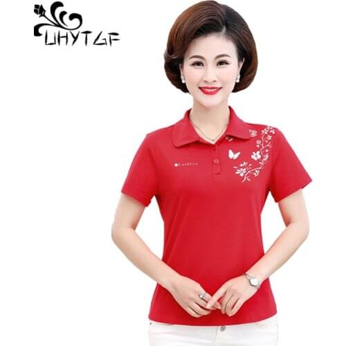 UHYTGF Woman T-Shirt Fashion Lapel Pullover Summer Tops Female Short-Sleeved Slim Plus Size Clothes Soft Wild Mother Blouse 2024