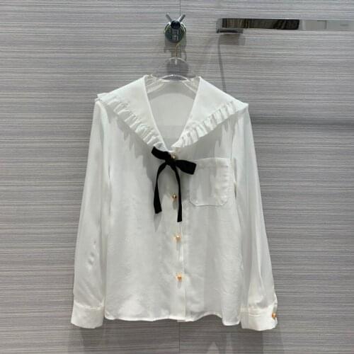 Fashion ladies 2021 new long sleeve sexy casual navy collar bow embroidered silk shirt 1017
