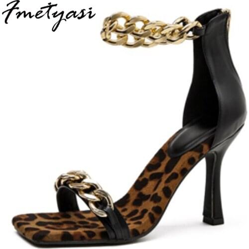 High-heeled Sandal Summer Shoes New Sexy Fashion Zipper Metal Chain Height Increasing PU Stiletto Sandal Peep Toe Ankle Strap