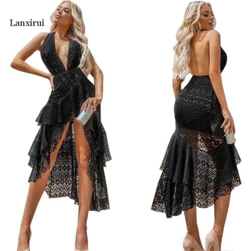 Woman Dress Summer Newest Floral Irregular Dress Sexy V-Neck Halter Dress Black Lace Backless Dress Party Dress for Women