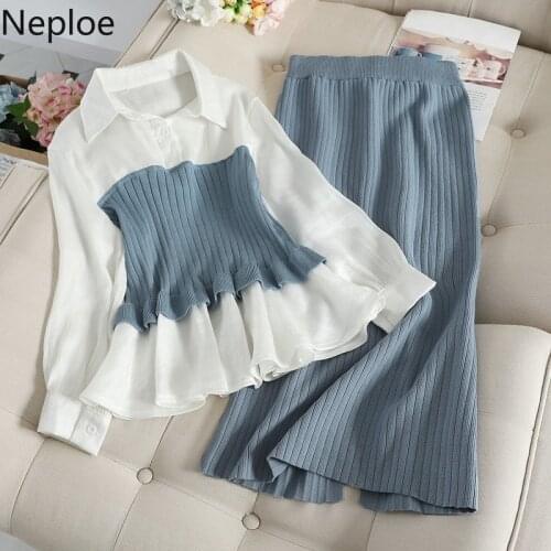 Neploe Fashion Sets Knit Sweater Tops Pencil Split Skirt Outfits for Women Elegant Ladies Two Pieces Suits Korean Women Clothes