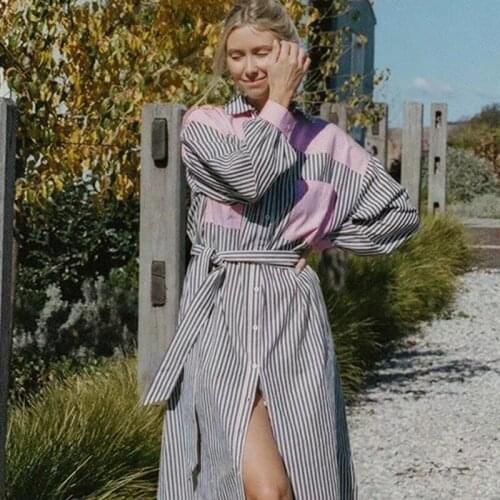 Causal Striped Long Sleeve Dress Shirt for Women Autumn Winter Maxi Long Dress Shirts Oversized Vestidos 2021 Loose Dress