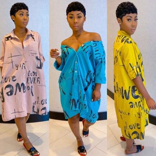 Plus Size Letter Print Shirt Dress Women Turn-down Collar Single Breasted Casual Summer Dress Streetwear Loose Oversized Dress