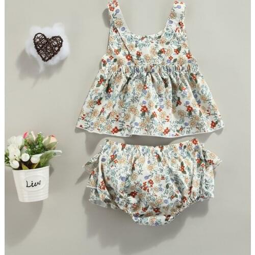 2021 0-24M Newborn Baby Girl Clothes Set Floral Print Sleeveless Dress Vest+Layered Triangle Shorts Summer Sweet 2pcs Outfits