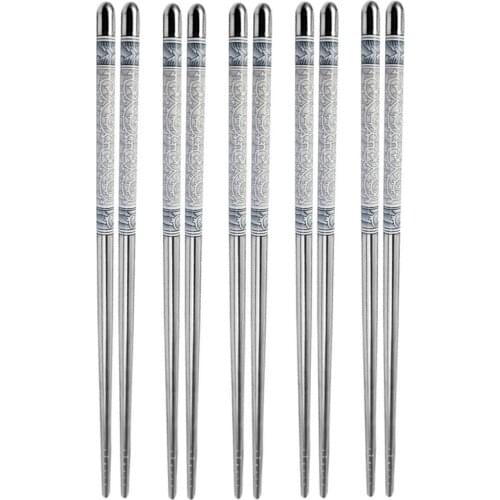 5 Pairs of Blue and White Porcelain Pattern Stainless Steel Non-slip Chinese Chopsticks Tableware Set