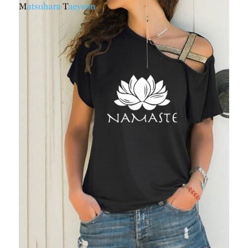 Irregular Skew Cross Bandage T Shirt for Girls Fashion Women Clothing Namaste Print T-shirt Women Top Short Sleeve Female Tops