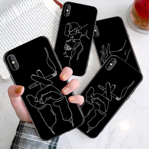 Case for IPhone 11 Lovers Face Smoking Hand Art Lines Case for IPhone 6s 6 7 8 Plus X XS MAX Line Simple Woman Couple Kiss Case